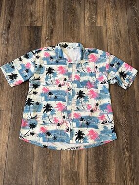Aptro Palm Tree Volcano Pink & Blue Hawaiin Button Down Shirt Mens Size 3XL